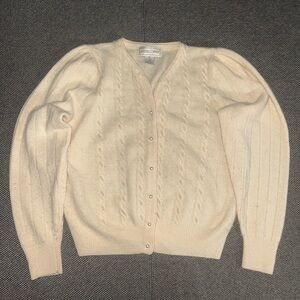 60s Angora 100% Lambswool Cream Cable Knit Pearl Button Cardigan Medium